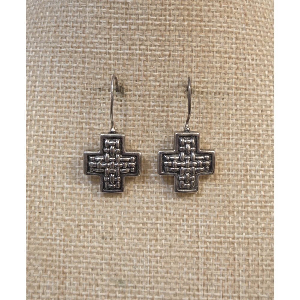 Bold Vintage Sterling Silver Woven Cross Dangle Earrings 925